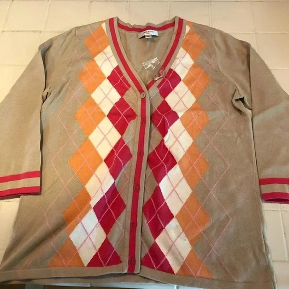 Preppy Argyle Cardigan Sweater Pink Orange Size M Liz Claiborne - Picture 1 of 4
